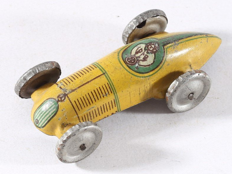 kallistoys auctions auktionen-antique vintage toys-antik historisch spielzeug-alemanni-italy-tinplate-blech-latta-race car-rennwagen-auto da corsa-yellow-1b