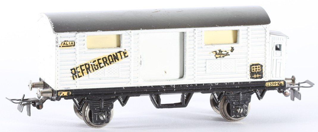 kallistoys auctions auktionen-antique vintage toys-antik historisch spielzeug-conti-co.mo.ge.-italy-metal-train-eisenbahn-gauge-spur h0-refrigerator car-kühlwagen-refrigerante-2a