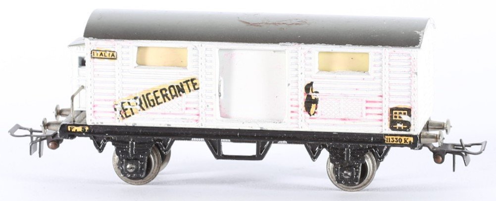 kallistoys auctions auktionen-antique vintage toys-antik historisch spielzeug-conti-co.mo.ge.-italy-metal-train-eisenbahn-gauge-spur h0-refrigerator car-kühlwagen-refrigerante-2d