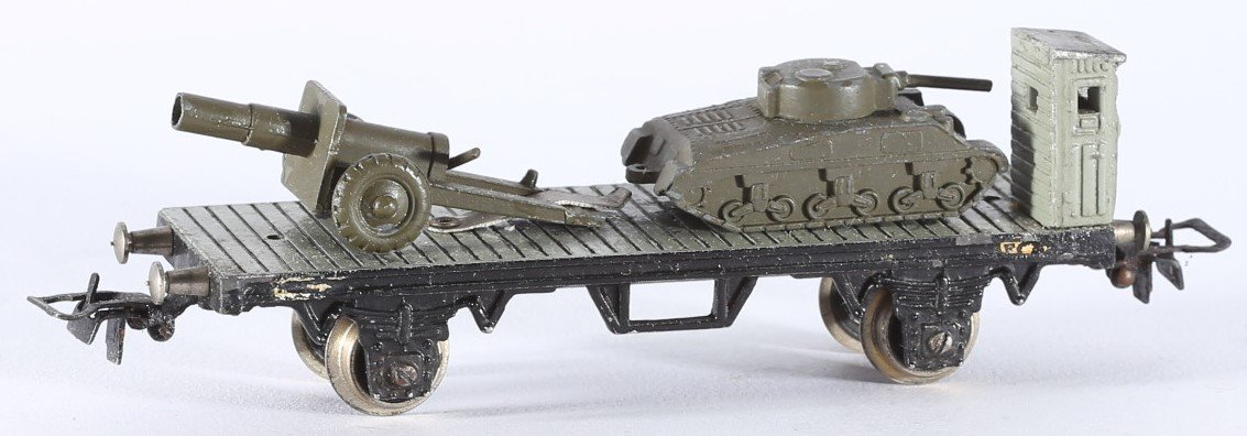 kallistoys auctions auktionen-antique vintage toys-antik historisch spielzeug-conti-co.mo.ge.-italy-train-eisenbahn-h0-flatbed car tank cannon-flachwagen panzer kanone-1a