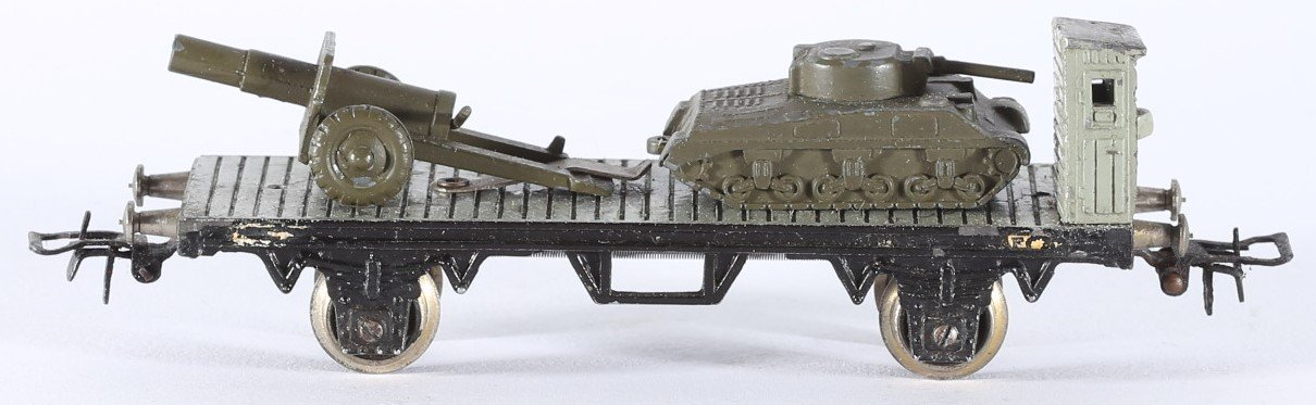 kallistoys auctions auktionen-antique vintage toys-antik historisch spielzeug-conti-co.mo.ge.-italy-train-eisenbahn-h0-flatbed car tank cannon-flachwagen panzer kanone-1c