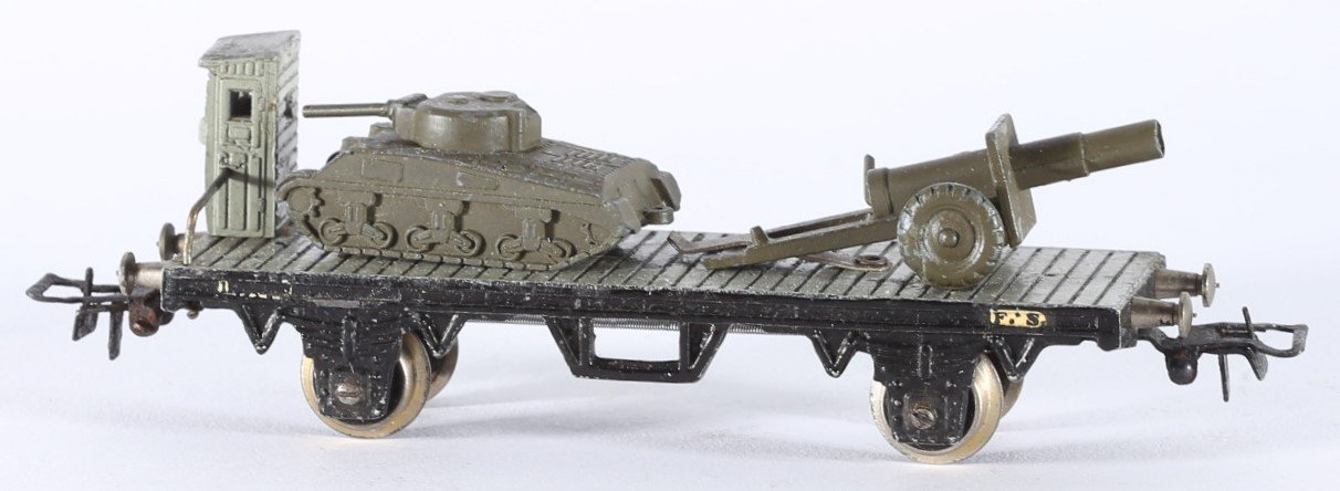 kallistoys auctions auktionen-antique vintage toys-antik historisch spielzeug-conti-co.mo.ge.-italy-train-eisenbahn-h0-flatbed car tank cannon-flachwagen panzer kanone-1d