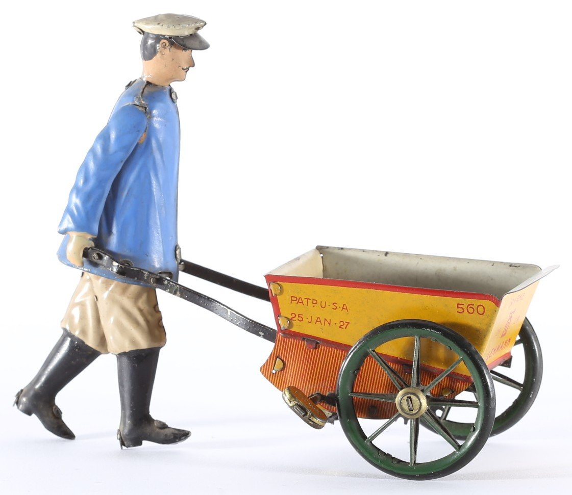 kallistoys auctions auktionen-antique vintage toys-antik historisch spielzeug-ernst paul lehmann-epl-germany-tinplate-blech-figure-tap tap-serviceman-dienstmann-clockwork-uhrwerk-560-1e