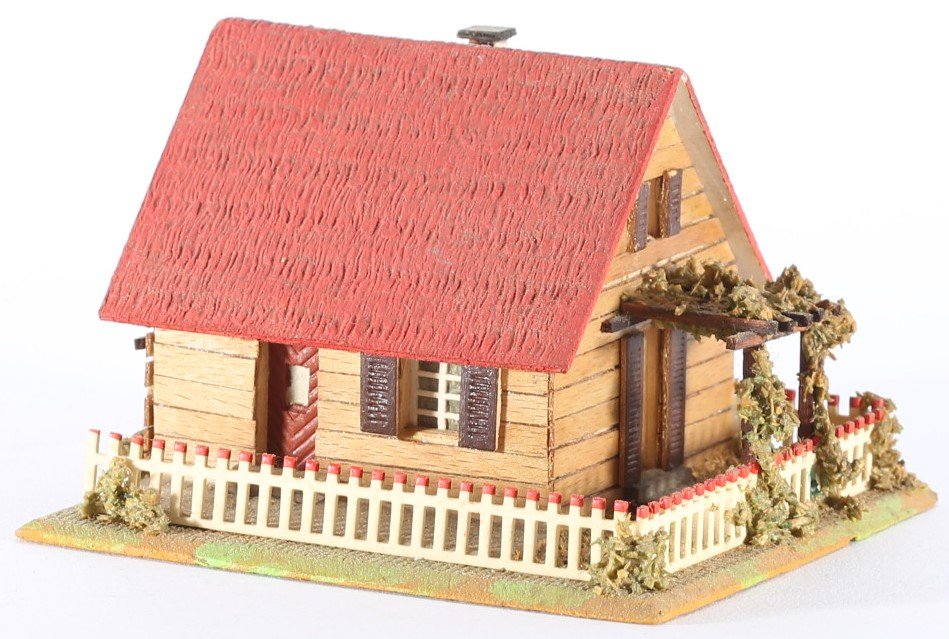 kallistoys auctions auktionen-antique vintage toys-antik historisch spielzeug-faller-germany-wood house-holzhaus-summer-sommer-lattenverschalung-gezackte briefmarke-rote nummer-259-1a