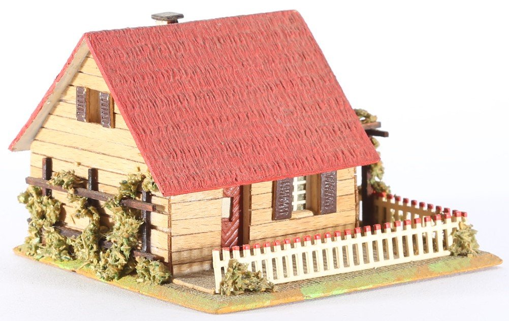 kallistoys auctions auktionen-antique vintage toys-antik historisch spielzeug-faller-germany-wood house-holzhaus-summer-sommer-lattenverschalung-gezackte briefmarke-rote nummer-259-1d