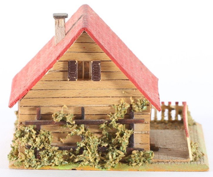 kallistoys auctions auktionen-antique vintage toys-antik historisch spielzeug-faller-germany-wood house-holzhaus-summer-sommer-lattenverschalung-gezackte briefmarke-rote nummer-259-1e