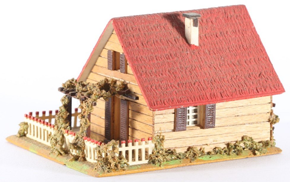 kallistoys auctions auktionen-antique vintage toys-antik historisch spielzeug-faller-germany-wood house-holzhaus-summer-sommer-lattenverschalung-gezackte briefmarke-rote nummer-259-1g