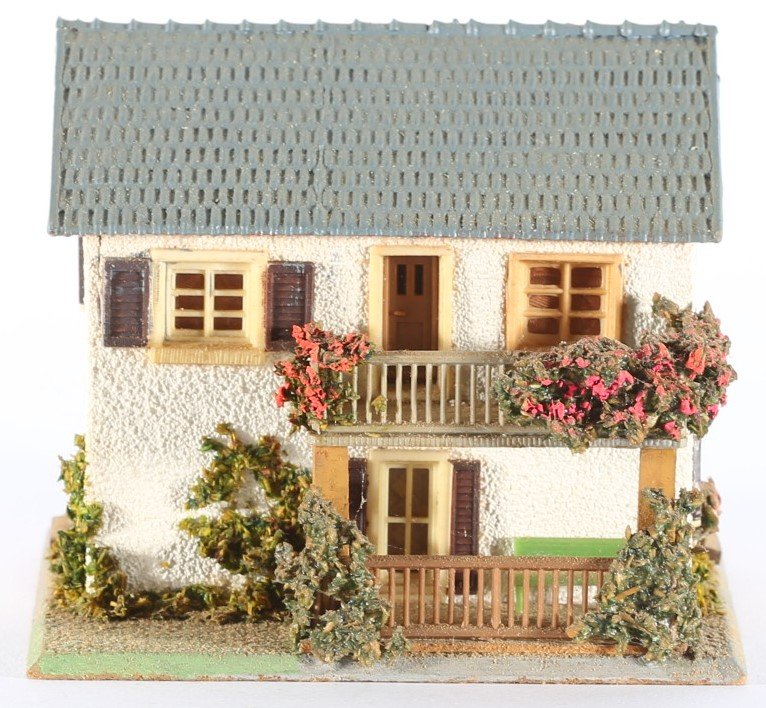 kallistoys auctions auktionen-antique vintage toys-antik historisch spielzeug-faller-germany-wood house-holzhaus-two storey home-veranda-zweistöckiges wohnhaus-braune nummer-256-1c