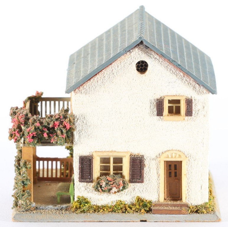 kallistoys auctions auktionen-antique vintage toys-antik historisch spielzeug-faller-germany-wood house-holzhaus-two storey home-veranda-zweistöckiges wohnhaus-braune nummer-256-1g