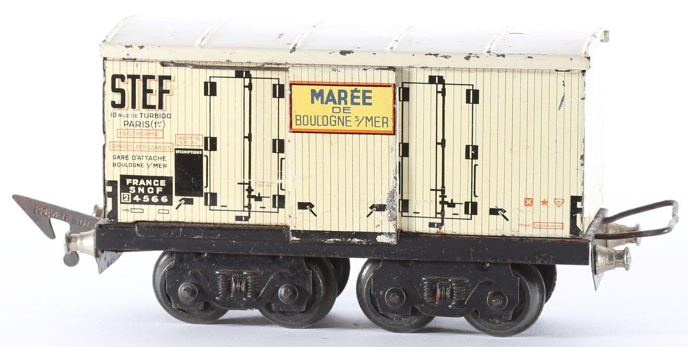 kallistoys auctions auktionen-antique vintage toys-antik historisch spielzeug-jep-france-tinplate-blech-train-eisenbahn-gauge-spur 0-refrigerator car-kühlwagen-boulogne-4566-2e
