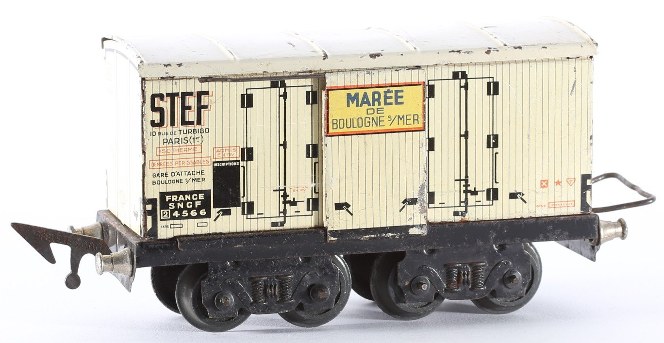 kallistoys auctions auktionen-antique vintage toys-antik historisch spielzeug-jep-france-tinplate-blech-train-eisenbahn-gauge-spur 0-refrigerator car-kühlwagen-boulogne-4566-2f