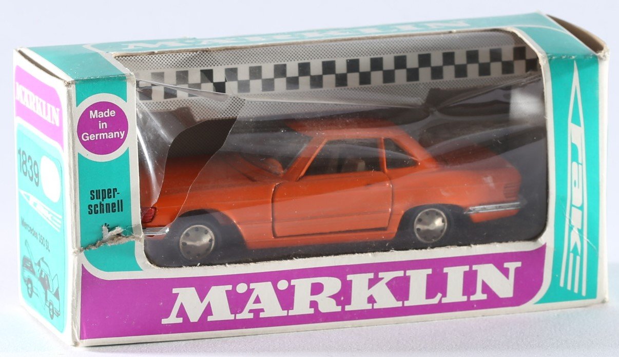 kallistoys auctions auktionen-antique vintage toys-antik historisch spielzeug-märklin-germany-diecast-car-auto-1 to 43-mercedes 350 sl coupé-orange-1839-1h