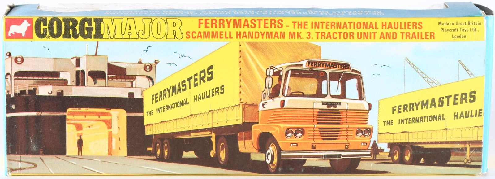 kallistoys auctions auktionen-antique vintage toys-antik historisch spielzeug-corgi major-england-diecast-scammell handyman mk. 3 tractor unit trailer-ferrymasters the international hauliers-1147-1l