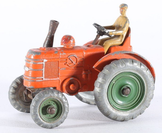 kallistoys auctions auktionen-antique vintage toys-antik historisch spielzeug-dinky toys-meccano-england-diecast-scale 1 to 43-field marshall tractor-trecker-orange-metal wheels-27n-2a
