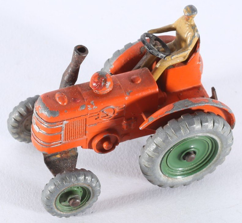 kallistoys auctions auktionen-antique vintage toys-antik historisch spielzeug-dinky toys-meccano-england-diecast-scale 1 to 43-field marshall tractor-trecker-orange-metal wheels-27n-2b
