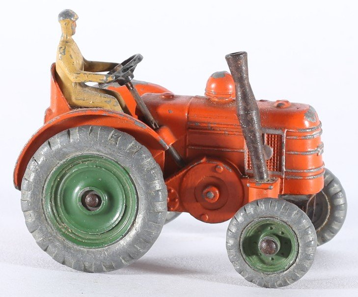 kallistoys auctions auktionen-antique vintage toys-antik historisch spielzeug-dinky toys-meccano-england-diecast-scale 1 to 43-field marshall tractor-trecker-orange-metal wheels-27n-2e