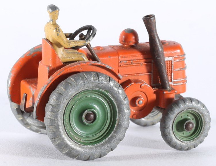 kallistoys auctions auktionen-antique vintage toys-antik historisch spielzeug-dinky toys-meccano-england-diecast-scale 1 to 43-field marshall tractor-trecker--orange-metal wheels-27n-2f