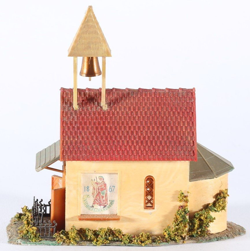kallistoys auctions auktionen-antique vintage toys-antik historisch spielzeug-faller-germany-plastic house-plastikhaus-chapel-kapelle-ohne briefmarke-298-1c