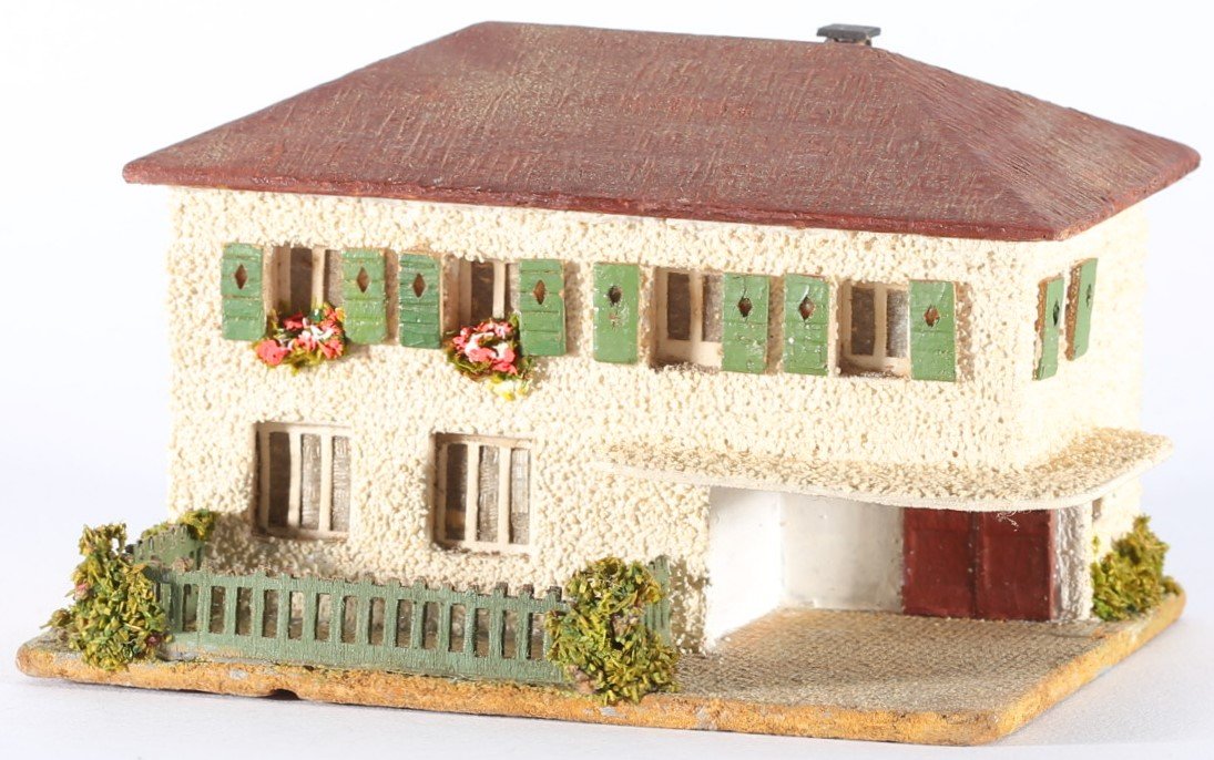 kallistoys auctions auktionen-antique vintage toys-antik historisch spielzeug-faller-germany-wood house-holzhaus-house with canopy-haus mit vordach-gerade briefmarke-rote nummer-270-1a