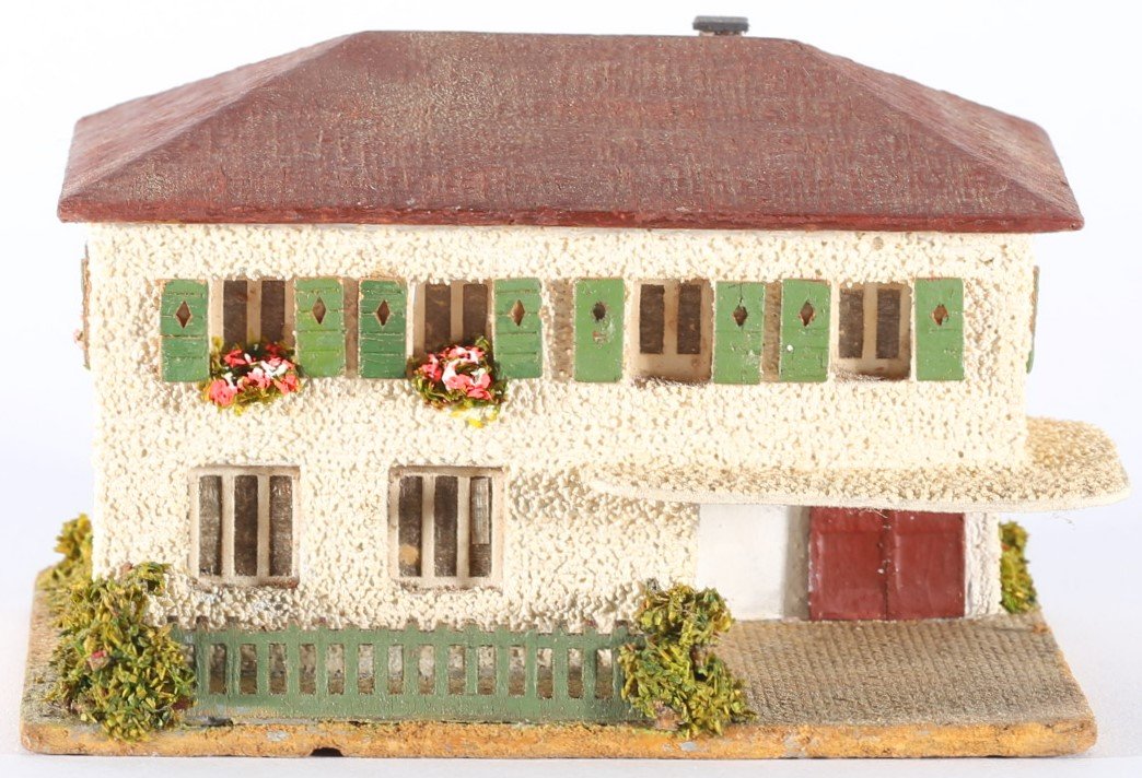kallistoys auctions auktionen-antique vintage toys-antik historisch spielzeug-faller-germany-wood house-holzhaus-house with canopy-haus mit vordach-gerade briefmarke-rote nummer-270-1c