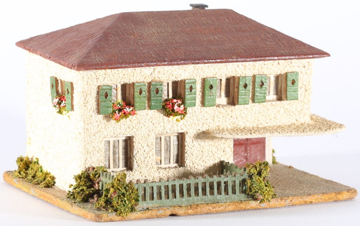 kallistoys auctions auktionen-antique vintage toys-antik historisch spielzeug-faller-germany-wood house-holzhaus-house with canopy-haus mit vordach-gerade briefmarke-rote nummer-270-1d