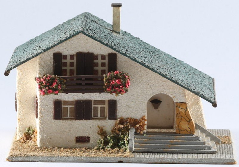 kallistoys auctions auktionen-antique vintage toys-antik historisch spielzeug-faller-germany-wood house-holzhaus-large mountain house-grosses chalet-gezackte briefmarke-braune nummer-289-1c