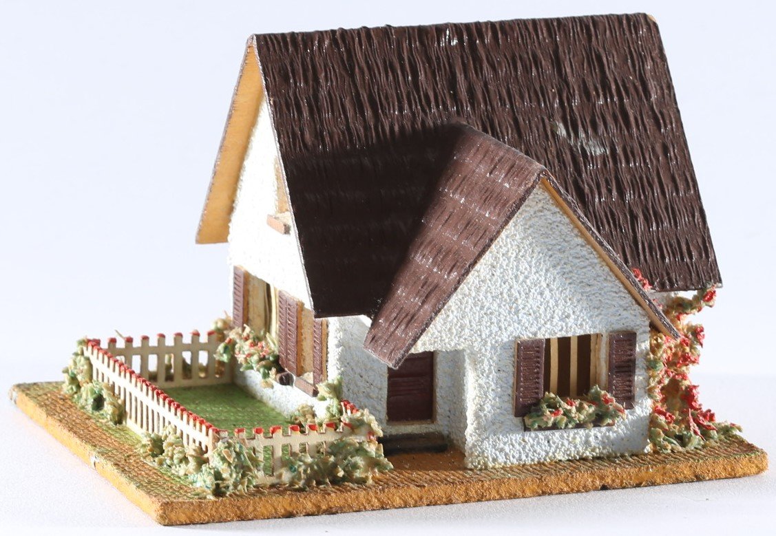 kallistoys auctions auktionen-antique vintage toys-antik historisch spielzeug-faller-germany-wood house-holzhaus-one family home-einfamilienwohnung-dach braun-gerade briefmarke-260-1a