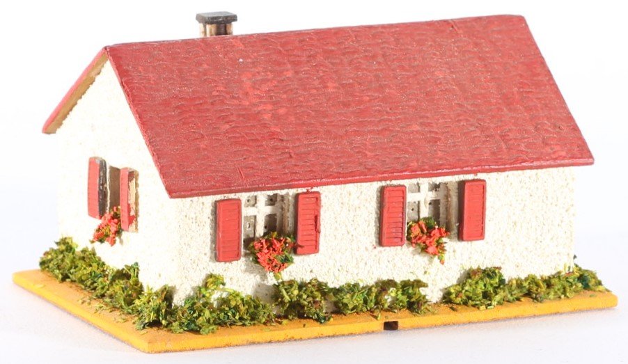 kallistoys auctions auktionen-antique vintage toys-antik historisch spielzeug-faller-germany-wood house-holzhaus-one family home-siedlerhaus-ohne briefmarke-250-1e