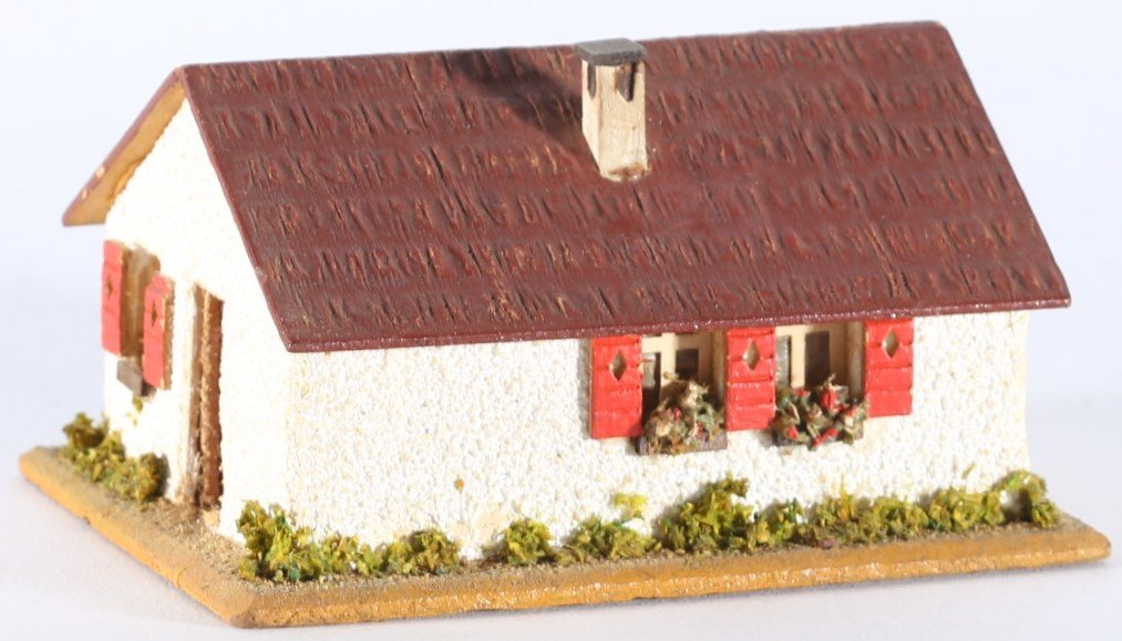 kallistoys auctions auktionen-antique vintage toys-antik historisch spielzeug-faller-germany-wood house-holzhaus-small family home-siedlerhaus-dach braun-ohne briefmarke-250-1a
