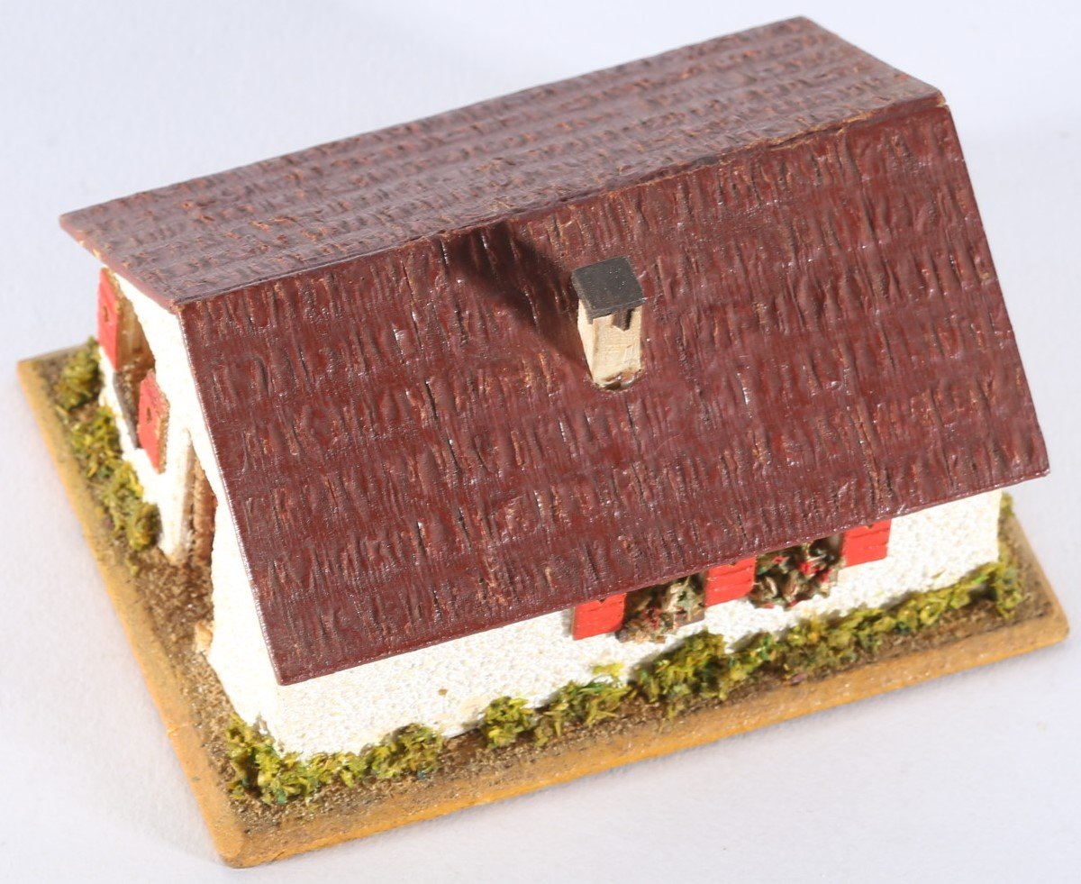 kallistoys auctions auktionen-antique vintage toys-antik historisch spielzeug-faller-germany-wood house-holzhaus-small family home-siedlerhaus-dach braun-ohne briefmarke-250-1b