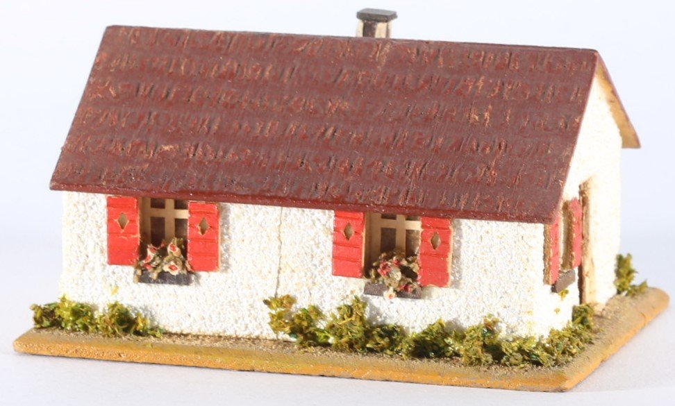 kallistoys auctions auktionen-antique vintage toys-antik historisch spielzeug-faller-germany-wood house-holzhaus-small family home-siedlerhaus-dach braun-ohne briefmarke-250-1d