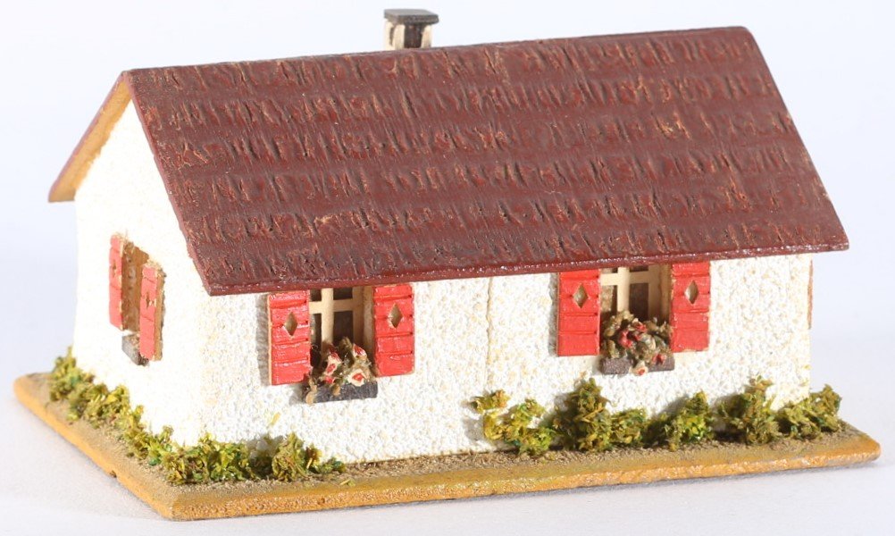 kallistoys auctions auktionen-antique vintage toys-antik historisch spielzeug-faller-germany-wood house-holzhaus-small family home-siedlerhaus-dach braun-ohne briefmarke-250-1e