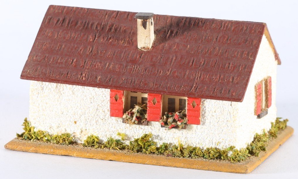 kallistoys auctions auktionen-antique vintage toys-antik historisch spielzeug-faller-germany-wood house-holzhaus-small family home-siedlerhaus-dach braun-ohne briefmarke-250-1f