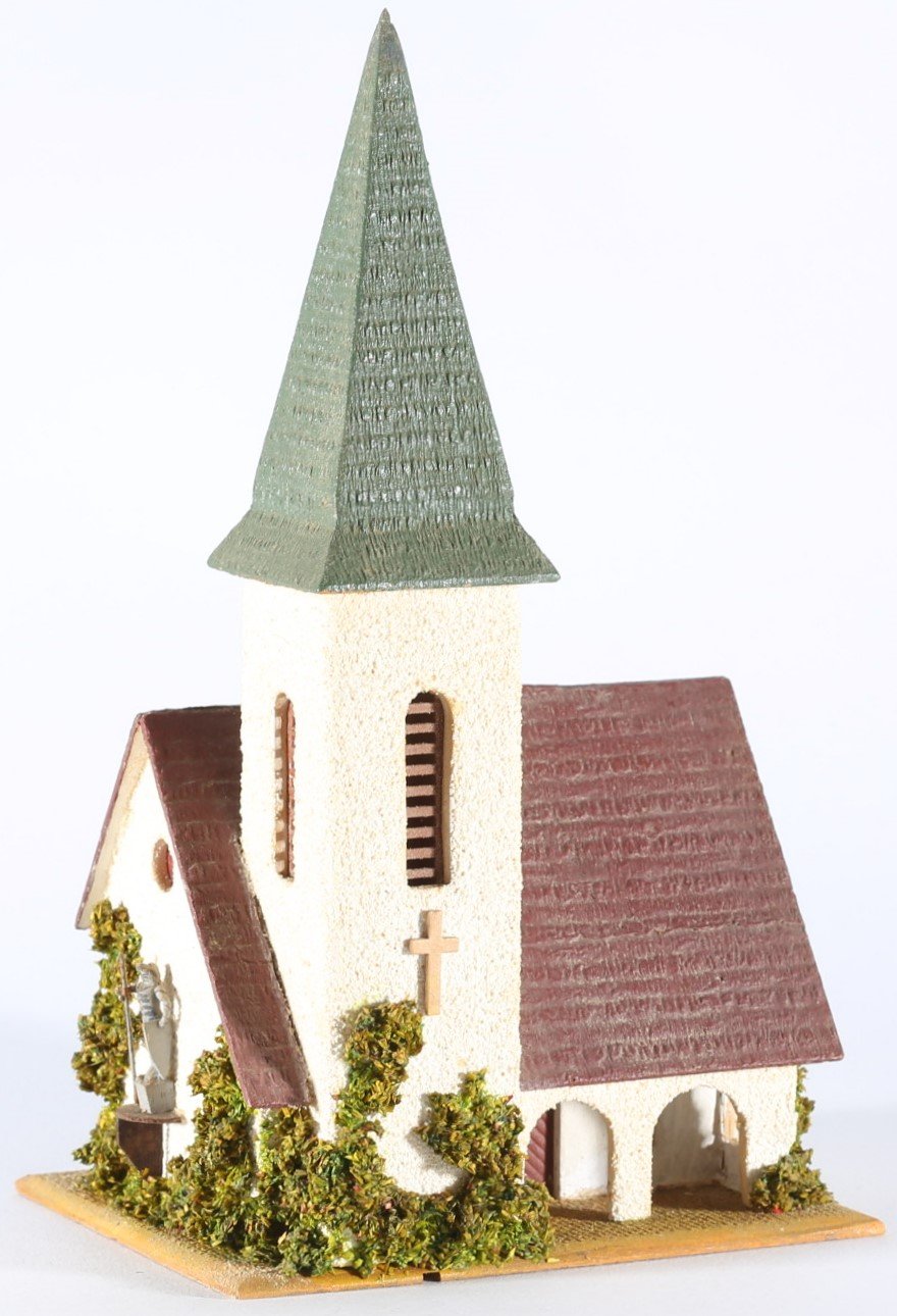 kallistoys auctions auktionen-antique vintage toys-antik historisch spielzeug-faller-germany-wood house-holzhaus-village church-dorfkirche-no bell-ohne geläut-gezackte briefmarke-braune nr-240-1a