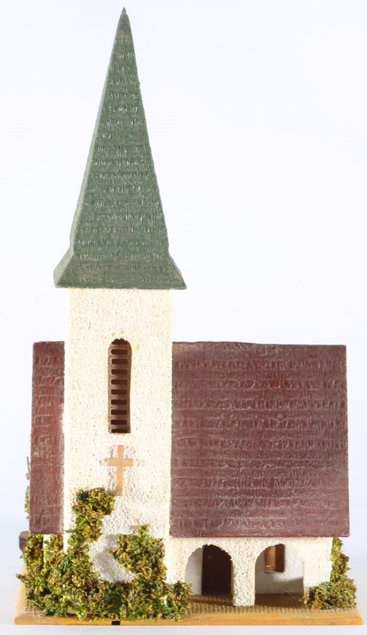 kallistoys auctions auktionen-antique vintage toys-antik historisch spielzeug-faller-germany-wood house-holzhaus-village church-dorfkirche-no bell-ohne geläut-gezackte briefmarke-braune nr-240-1c