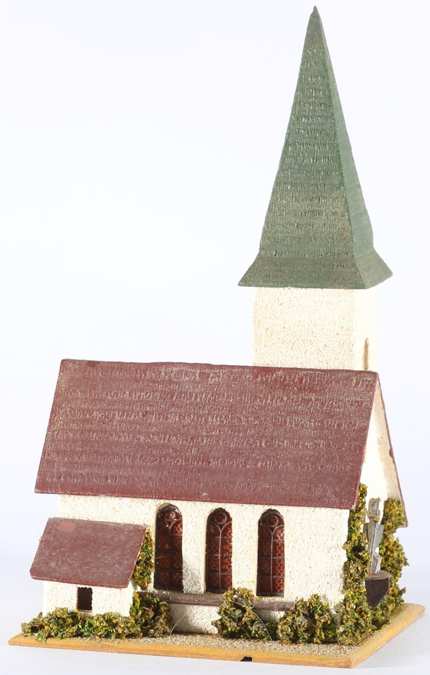 kallistoys auctions auktionen-antique vintage toys-antik historisch spielzeug-faller-germany-wood house-holzhaus-village church-dorfkirche-no bell-ohne geläut-gezackte briefmarke-braune nr-240-1f