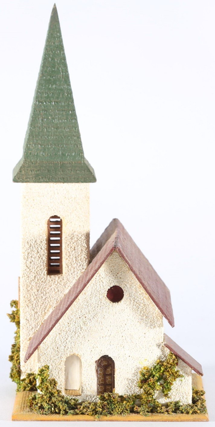 kallistoys auctions auktionen-antique vintage toys-antik historisch spielzeug-faller-germany-wood house-holzhaus-village church-dorfkirche-no bell-ohne geläut-gezackte briefmarke-braune nr-240-1i