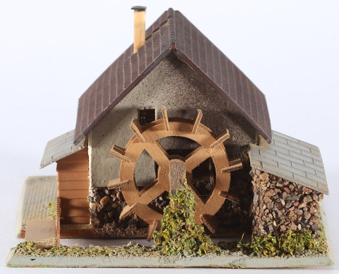 kallistoys auctions auktionen-antique vintage toys-antik historisch spielzeug-faller-germany-wood house-holzhaus-watermill-wassermühle-dach plastik-gezackte briefmarke-braune nr-231-1d