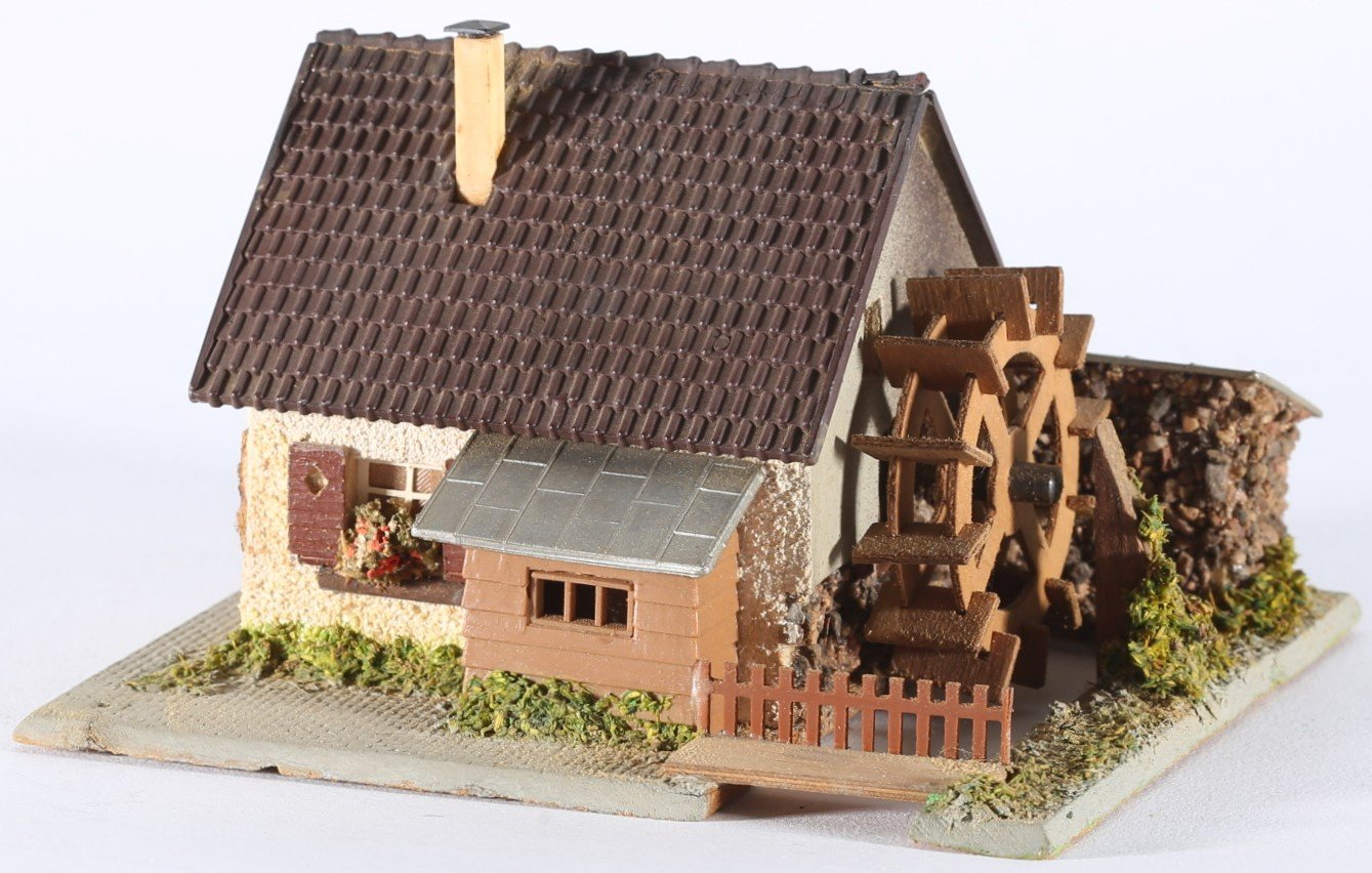 kallistoys auctions auktionen-antique vintage toys-antik historisch spielzeug-faller-germany-wood house-holzhaus-watermill-wassermühle-dach plastik-gezackte briefmarke-braune nr-231-1e