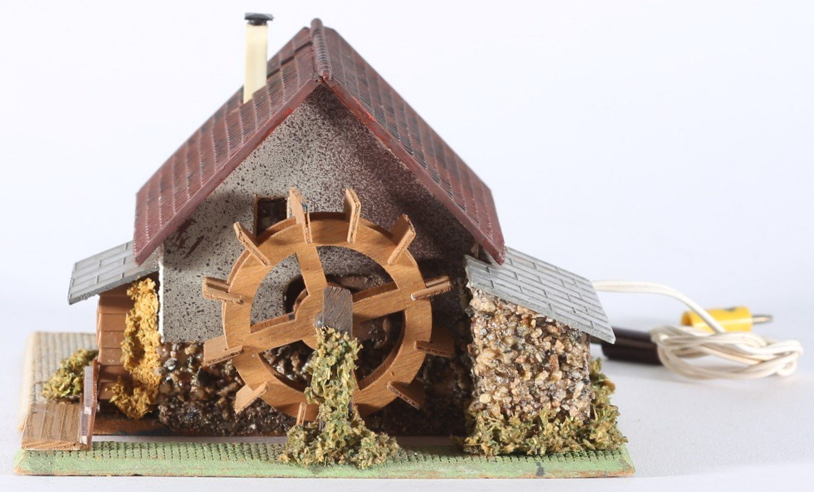 kallistoys auctions auktionen-antique vintage toys-antik historisch spielzeug-faller-germany-wood house-holzhaus-watermill-wassermühle-dach plastik-ohne briefmarke-231-1c
