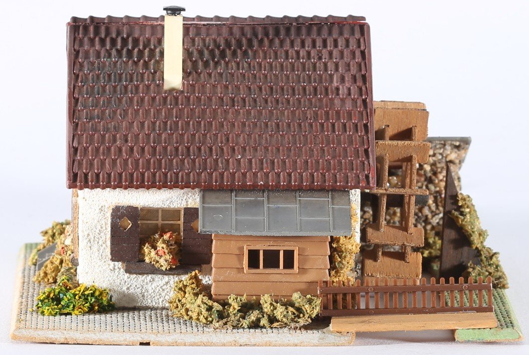 kallistoys auctions auktionen-antique vintage toys-antik historisch spielzeug-faller-germany-wood house-holzhaus-watermill-wassermühle-dach plastik-ohne briefmarke-231-1d