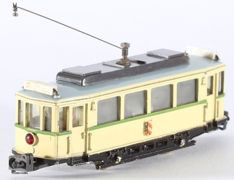 kallistoys auctions auktionen-antique vintage toys-antik historisch spielzeug-hamo-germany-tram-trolley-strassenbahn-gauge-spur h0-motor car-motorwagen-creme-grüne zierlinie-t205-2g