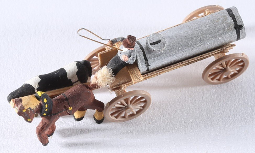 kallistoys auctions auktionen-antique vintage toys-antik historisch spielzeug-preiser-germany-wood figure-holzfigur-manure waggon farmer ox horse-ödelwagen bauer ochse pferd-plastik räder-486-1b