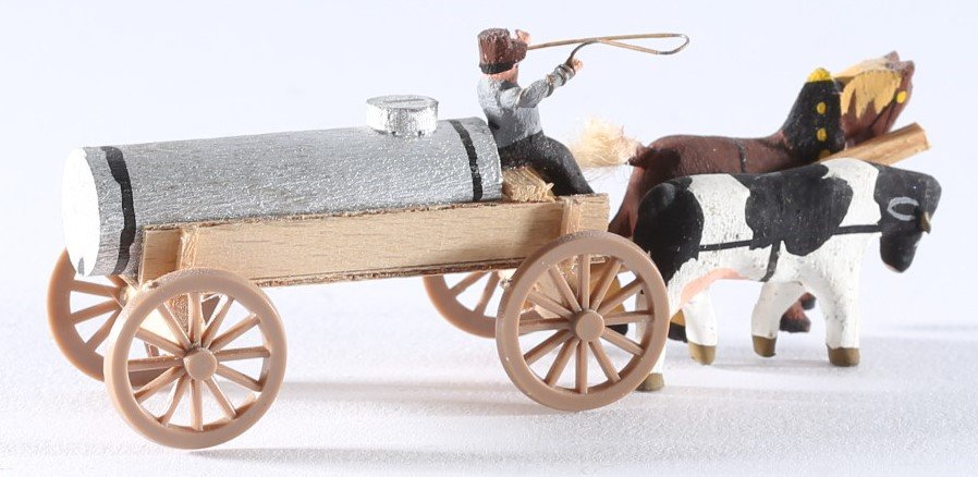 kallistoys auctions auktionen-antique vintage toys-antik historisch spielzeug-preiser-germany-wood figure-holzfigur-manure waggon farmer ox horse-ödelwagen bauer ochse pferd-plastik räder-486-1f