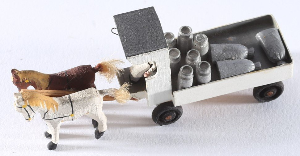 kallistoys auctions auktionen-antique vintage toys-antik historisch spielzeug-preiser-germany-wood figure-holzfigur-milk waggon carter 2 horses-plattenwagen fuhrmann 2 pferde milchkannen-483-2b