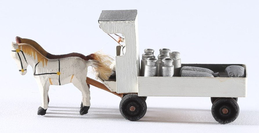 kallistoys auctions auktionen-antique vintage toys-antik historisch spielzeug-preiser-germany-wood figure-holzfigur-milk waggon carter 2 horses-plattenwagen fuhrmann 2 pferde milchkannen-483-2c