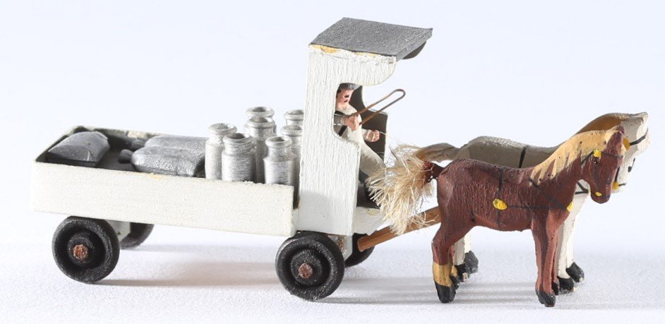 kallistoys auctions auktionen-antique vintage toys-antik historisch spielzeug-preiser-germany-wood figure-holzfigur-milk waggon carter 2 horses-plattenwagen fuhrmann 2 pferde milchkannen-483-2e