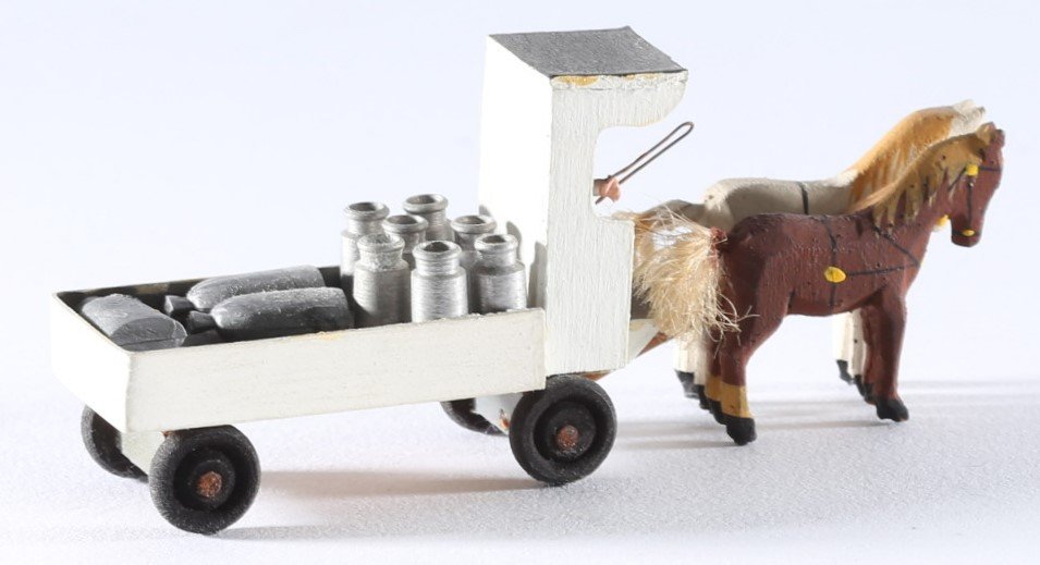kallistoys auctions auktionen-antique vintage toys-antik historisch spielzeug-preiser-germany-wood figure-holzfigur-milk waggon carter 2 horses-plattenwagen fuhrmann 2 pferde milchkannen-483-2f