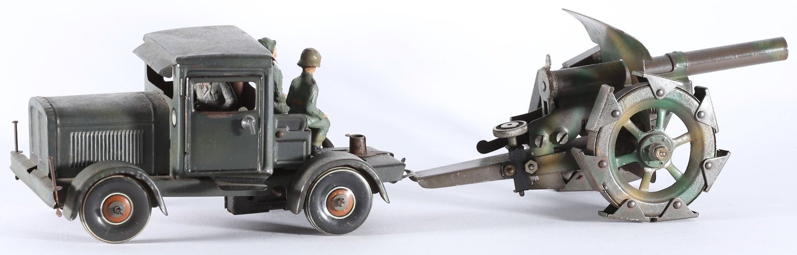 kallistoys auctions auktionen-antique vintage toys-antik historisch spielzeug-tippco-tco-germany-tinplate-blech-military-armee-truck cannon-schlepper kanone-tarnfarben-170 71-1a