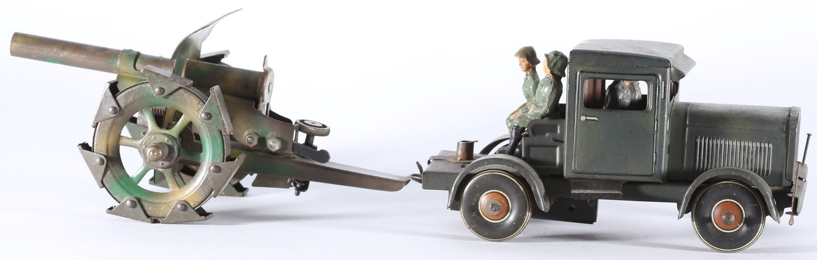 kallistoys auctions auktionen-antique vintage toys-antik historisch spielzeug-tippco-tco-germany-tinplate-blech-military-armee-truck cannon-schlepper kanone-tarnfarben-170 71-1e